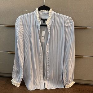 J. Crew Blue and White Striped Ruffle Blouse